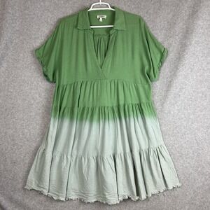 Umgee Dress Size Large Linen Blend Ombre Boho Short Sleeve Fringe Raw Hem